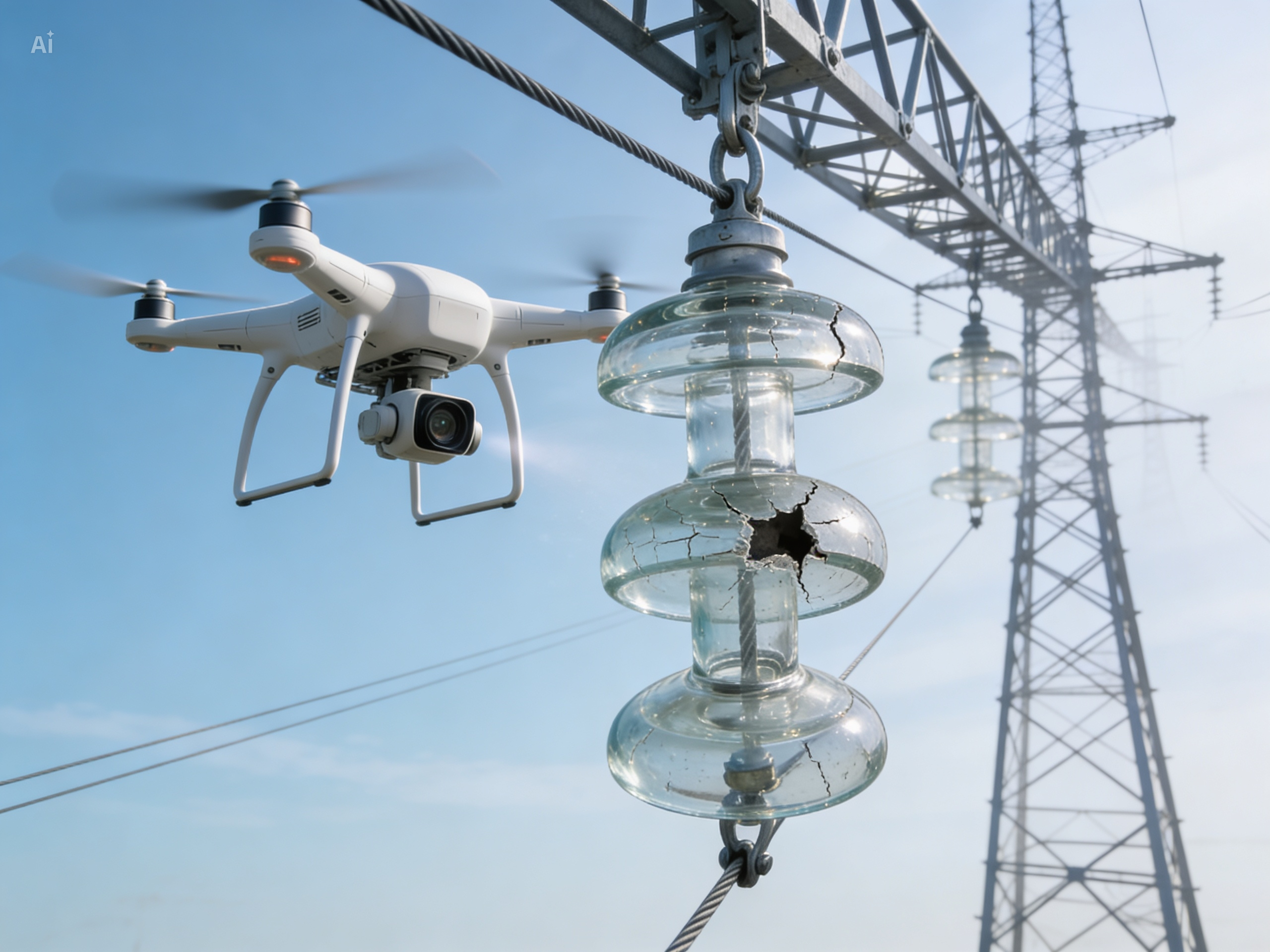 A patrol drone flew close to a string of glass transmission line insulators on a high-voltage tower. The drone's camera focused on a damaged disc within the insulator string..jpeg